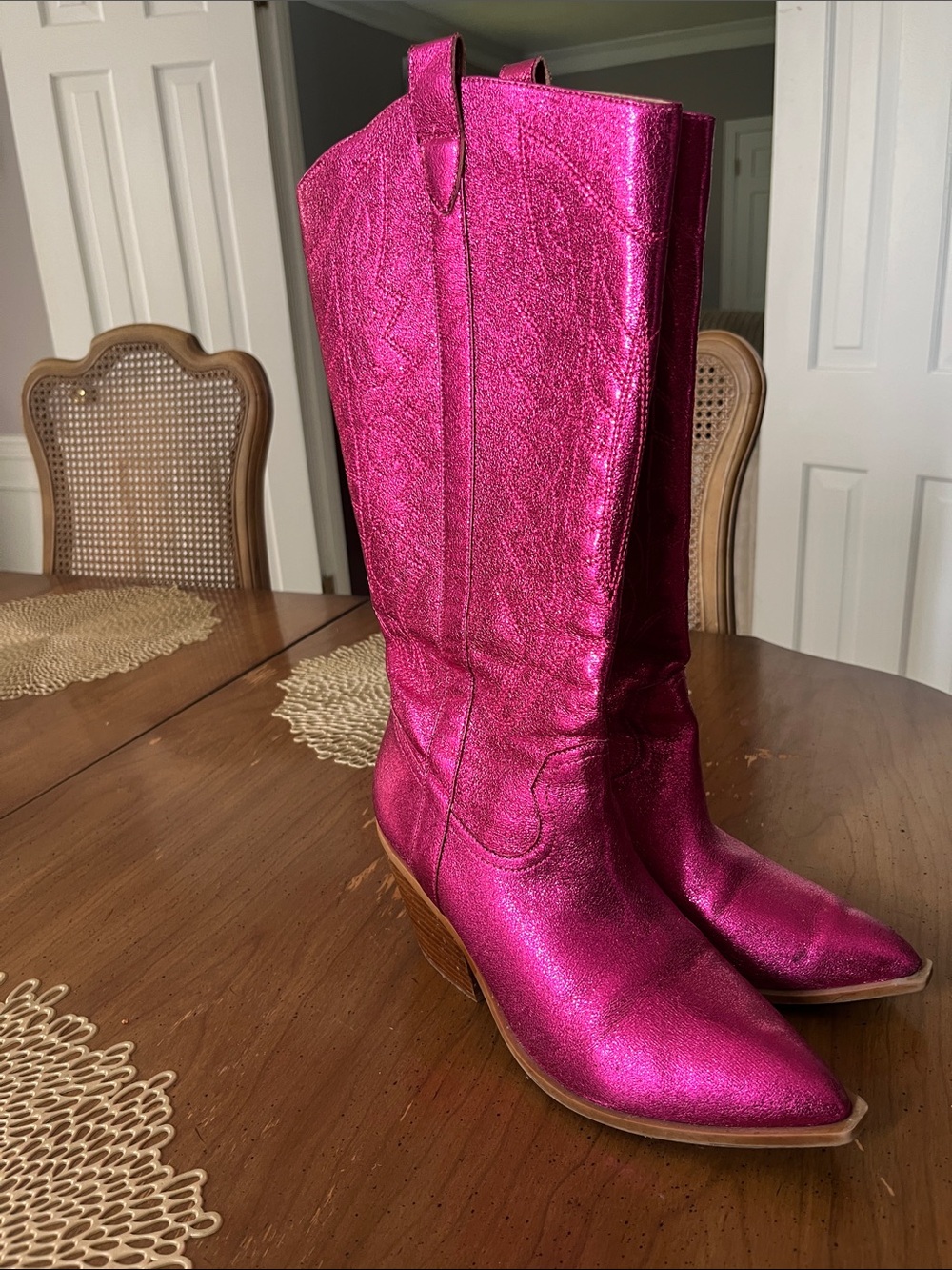 Hot Pink Metallic Western Knee-High Boots